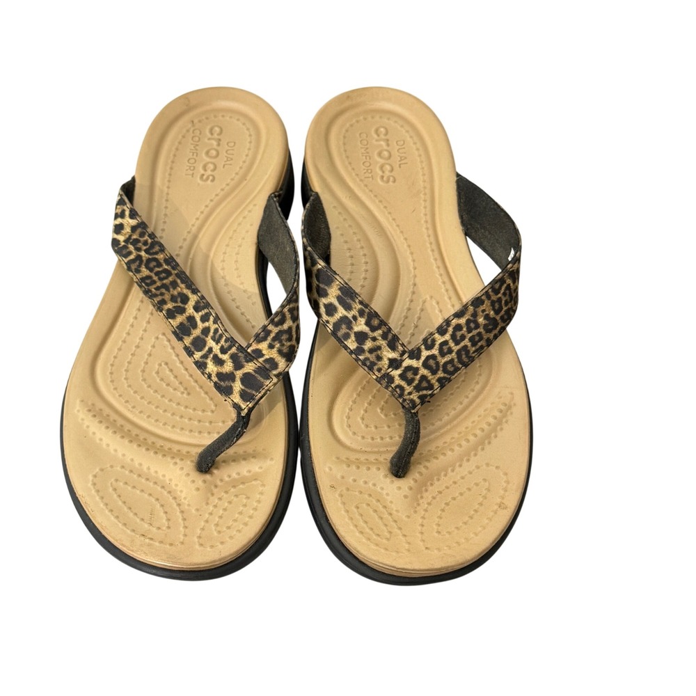 Crocs Capri V Flip Flops Womens 10 Brown Leopard Print Dual Comfort Sandals